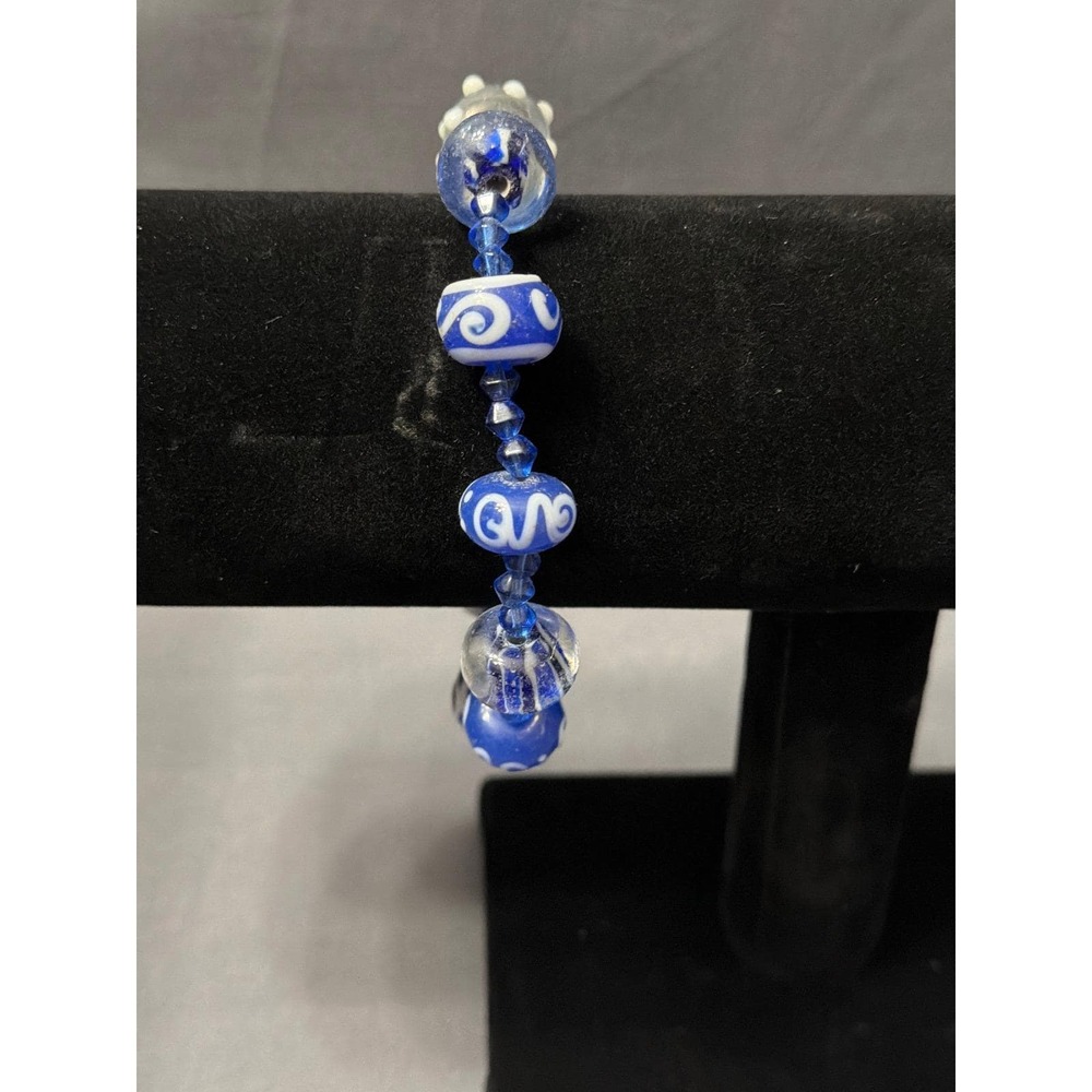 Artisan Lampwork Glass Bead Bracelet Blue White Swirl Dot Brass Toggle Clasp 9in